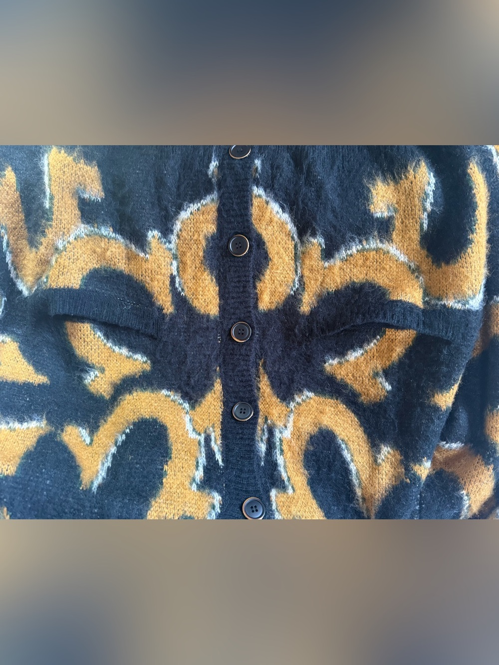Black & Mustard Patterned V-Neck Button Cardigan Sweater with front pockets - Picture 3 of 3